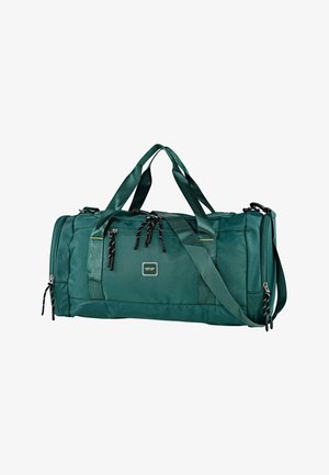 Bolsa de lona de nailon verde con dos asas superiores y una correa de hombro ajustable. Cuenta con compartimentos con cremallera y detalles de costuras en contraste.