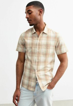 Korte mouwen geruite shirt in beige en lichtblauwe tinten, met een button-down kraag, zachte stof en een borstzak.