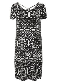 Robe noire et blanche à manches courtes, avec un motif géométrique de triangles et de formes, encolure dégagée et détail croisé dans le dos.