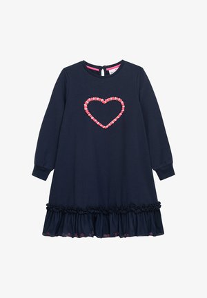 Marineblaues Langarmkleid mit einem Herzdesign aus rosa Perlen, gerafftem Saum und Knopfverschluss hinten. Hergestellt aus weichem, strukturiertem Stoff.