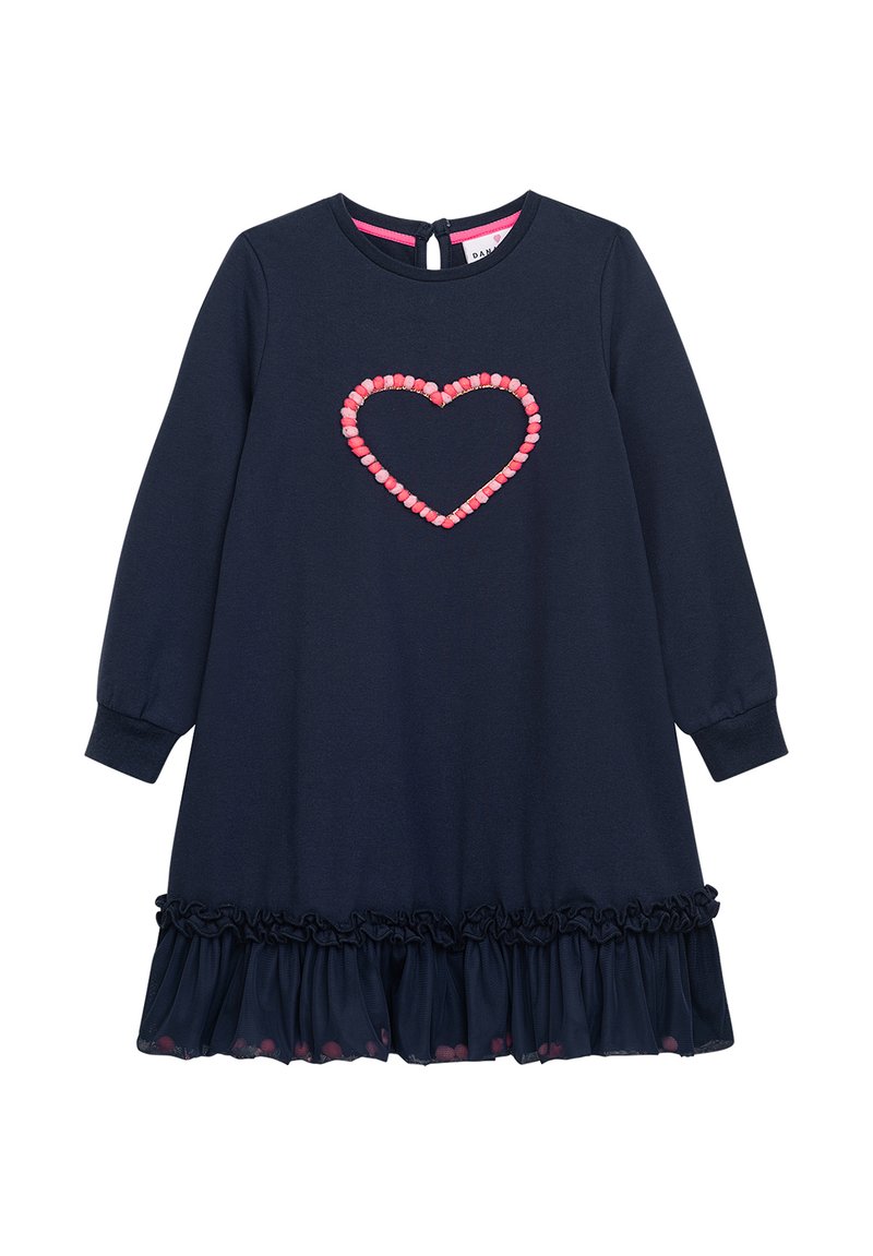 Marineblaues Langarmkleid mit einem Herzdesign aus rosa Perlen, gerafftem Saum und Knopfverschluss hinten. Hergestellt aus weichem, strukturiertem Stoff.