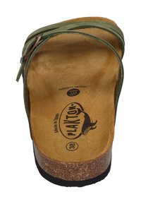 Green leather sandals with multiple straps, cork footbed, and black rubber sole. Features memory cushion and logo stamped insole.