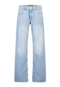 Light blue straight-leg denim jeans with front pockets, belt loops, and a button-and-zipper closure, shown against a white background.