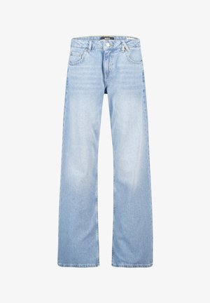 Vaaleansiniset suorat farkut, joissa on etutaskut, vyölenkit ja nappi- sekä vetskari sulku, esiteltyinä valkoista taustaa vasten.