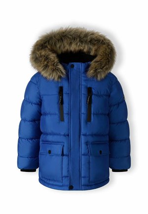 Veste d'hiver matelassée bleue avec capuche à bordure en fausse fourrure marron amovible, fermeture éclair frontale, boutons-pression et plusieurs poches.