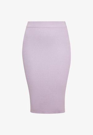 Levendula színű, bordázott kötött ceruza szoknya, amely karcsú vonalvezetésű és rugalmas derékkal rendelkezik, a sima megjelenés és a kényelem érdekében tervezték.