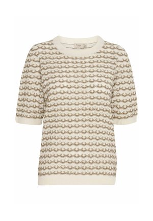 Kreminės spalvos trumpų rankovių megztinis su tekstūruota banga modeliu rudos spalvos. Su apvaliu kaklu ir drižinėmis rankovėmis.