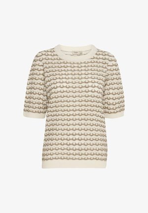 Svetr s krátkým rukávem v krémové barvě se zřetelným vlnitým vzorem v béžové. Má kulatý výstřih a žebrované manžety.