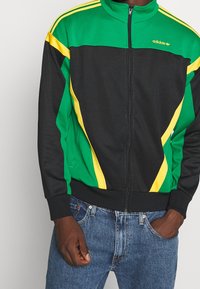 Svart zip-up träningsjacka med gröna och gula ränder, med ståkrage och ribbade ärmslut. Tillverkad av ett mjukt, strukturerat tyg.