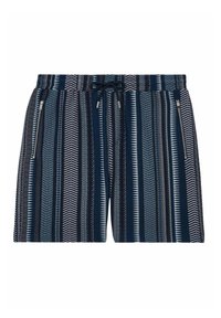 Marineblå badetights med lodrette striber i varierende mønstre. Har en snøre i taljen og to lynlåslommer på siden.
