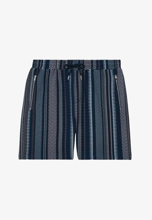 Granatowe kąpielówki w pionowe paski o różnych wzorach. Posiadają elastyczny pas z możliwością regulacji oraz dwie boczne kieszenie zapinane na zamek.