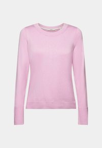 Light pink long-sleeve knit sweater with a round neckline and ribbed cuffs. Soft texture and seamless design, suitable for layering.