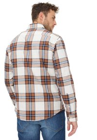 Karierte Hemd in Beige-, Braun- und Blautönen, mit strukturiertem Kragen, langen Ärmeln und Knopfmanschetten. Weicher Stoff mit einem karierten Muster.