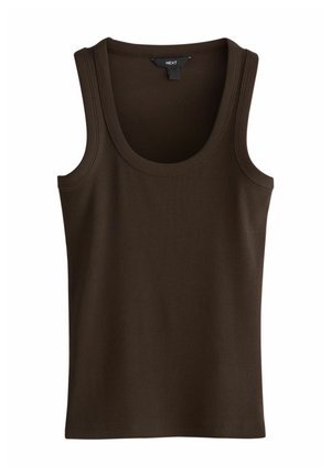 Ærmeløs brun ribbet tanktop med rund halsudskæring, lige kant og mærke syet indvendigt i kraven.