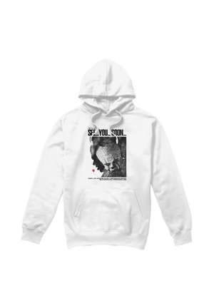 White hoodie with black and white distressed clown face graphic and large text "See You Soon" on front center.