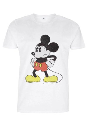 T-shirt bianco in cotone con una stampa di un topo cartone animato vintage in nero, rosso e giallo, con una posa classica e orecchie rotonde distintive.