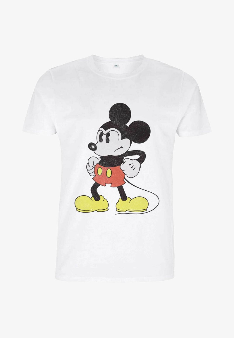 Hvid bomulds T-shirt med et vintage tegneserie-mus trykt i sort, rød og gul, med en klassisk positur og markante runde ører.