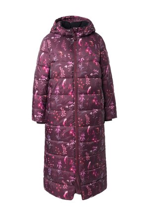 Piumino di un profondo bordeaux con stampa floreale. Design con cappuccio, chiusura a zip completa e silhouette lunga. Texture liscia e imbottita.