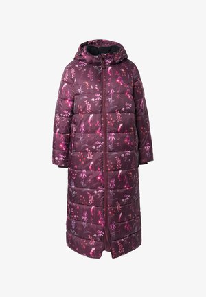 Piumino di un profondo bordeaux con stampa floreale. Design con cappuccio, chiusura a zip completa e silhouette lunga. Texture liscia e imbottita.