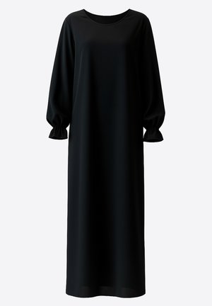Zwarte jurk met lange mouwen en een comfortabele, losse pasvorm, gemaakt van gladde stof. Voorzien van ballonmouwen met geplooide manchetten en een ronde halslijn.