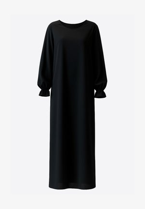 Schwarzes, langärmeliges Kleid mit lockerem Sitz aus glattem Stoff. Es hat Ballonärmel mit gerafften Bündchen und einen runden Ausschnitt.