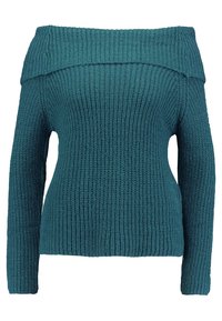 Pull épaules dénudées en turquoise avec une texture épaisse tricotée et un motif côtelé, doté de manches longues et d'une silhouette ajustée.