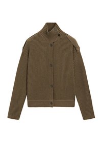 Khakifarbener, gerippter Cardigan mit Stehkragen, versehen mit schwarzen Knöpfen vorne und an der Schulter, gefertigt aus strukturiertem Strickmaterial.