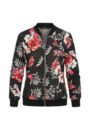 Zwarte bomberjas met ritssluiting met rood, wit en roze bloemenpatroon, geribbelde boorden en zoom, en een ronde metalen ritstrekkers.