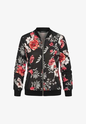 Zwarte bomberjas met ritssluiting met rood, wit en roze bloemenpatroon, geribbelde boorden en zoom, en een ronde metalen ritstrekkers.