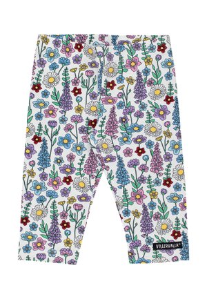 Leggings blancos con un patrón floral colorido que incluye margaritas, campanillas y pequeñas flores, con la marca "Villervalla" cerca del dobladillo.
