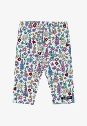 Weiße Leggings mit buntem Blumenmuster, das Gänseblümchen, Glockenblumen und kleine Blumen zeigt, mit der Marke „Villervalla“ nahe dem Saum.