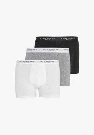 Tři páry boxer briefs v bílé, šedé a černé barvě. Každý má měkký pružný pás s logem "STRENESSE BLUE". Vyrobeno z elastické bavlněné látky.