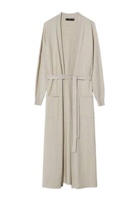 Gilet long beige à l'avant ouvert, manches longues, ceinture à la taille et deux poches frontales. Texture en tricot doux, design jusqu'au sol.