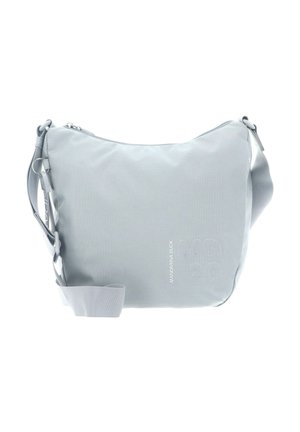 Sac à épaule gris clair en nylon à texture lisse, doté d'une fermeture éclair, d'une sangle ajustable et d'un logo embossé.