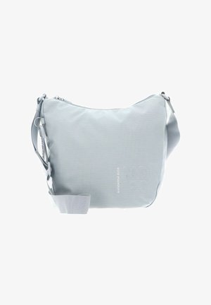 Sac à épaule gris clair en nylon à texture lisse, doté d'une fermeture éclair, d'une sangle ajustable et d'un logo embossé.