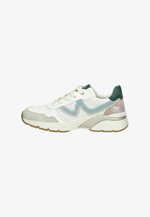 White sneaker with perforated upper, light gray and teal accents, tan sole, and textured heel. Features laces and distinct logo on the side.