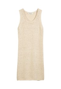 Top senza maniche in maglia beige con scollatura rotonda e vestibilità morbida, caratterizzato da un motivo testurizzato su tutta la superficie.