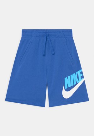 Blauwe sweatshorts van een katoenmix, met een koordsluiting in de taille, twee zijzakken en een groot wit en blauw Nike-logo ontwerp.