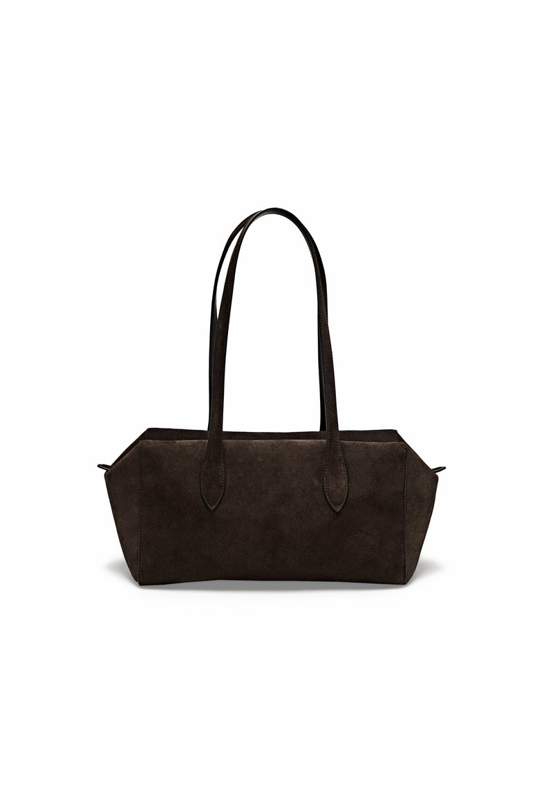 Dunkelbraune Wildleder-Handtasche mit verlängerten Griffen, einer strukturierten rechteckigen Form und einer glatten Textur. Verfügt über schräge Seitennaht und keine sichtbaren Beschläge.