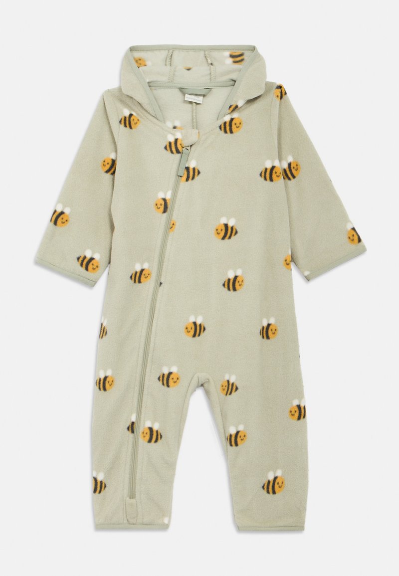 Ολόσωμο φορμάκι με σχέδιο μέλισσας, κατασκευασμένο από απαλό γκρι φλις, με φερμουάρ και κουκούλα με μικρά αυτιά. Μακριά μανίκια και χωρίς κάλυμμα ποδιών.