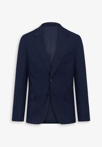 Mörkblå kavaj med smalrandig design, snittad krage, enkel knäppning, två framfickor och en mjuk innermaterial.