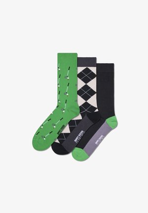 Three pairs of socks: green with golf pattern, cream and black argyle, and solid black. Made of cotton blend with ribbed cuffs.