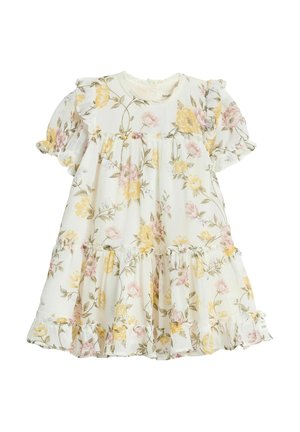 Blumenkleid mit kurzen Puffärmeln, gerafften Kanten, weißem Hintergrund und Gelb- sowie Rosablümchenmuster über die Schichten.