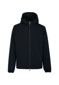 Giacca nera con cappuccio, chiusura frontale a zip, polsini elasticizzati e design minimal. Presenta un rivestimento interno imbottito e due tasche laterali.