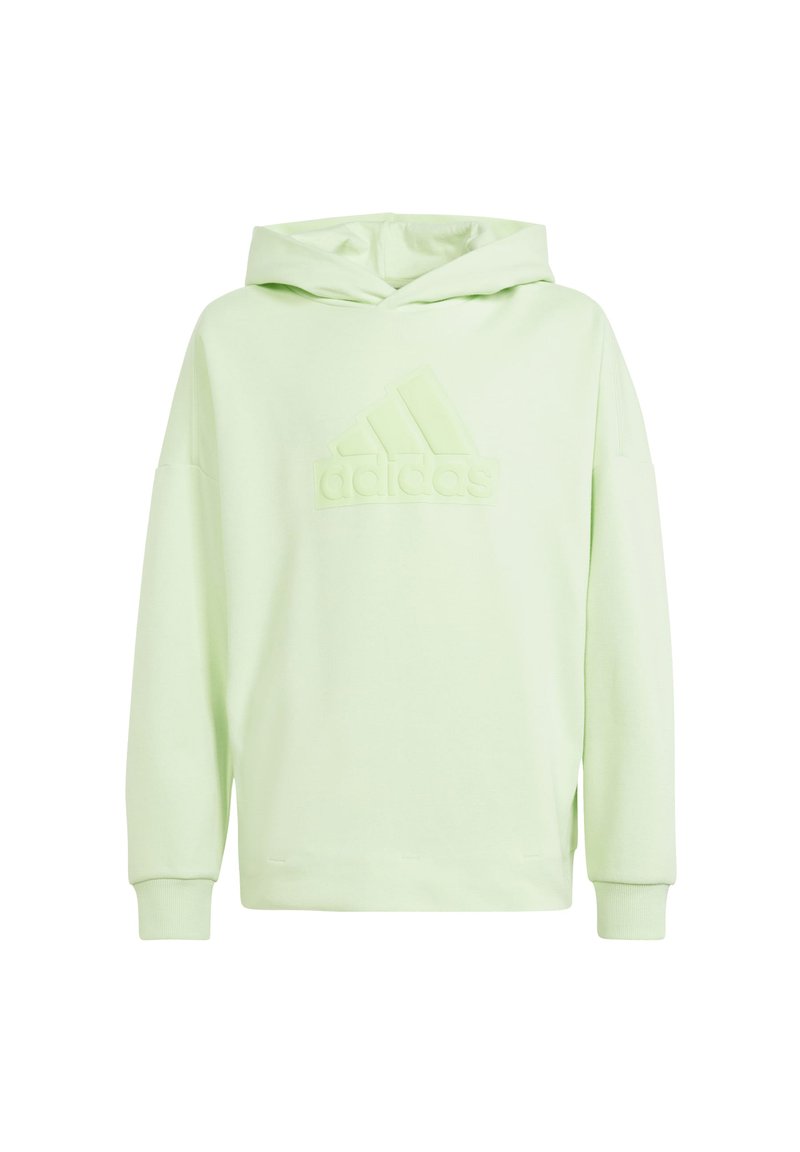 Sudadera verde claro hecha de tela suave, que presenta un corte holgado, puños acanalados y un logotipo texturizado de Adidas en la parte delantera.