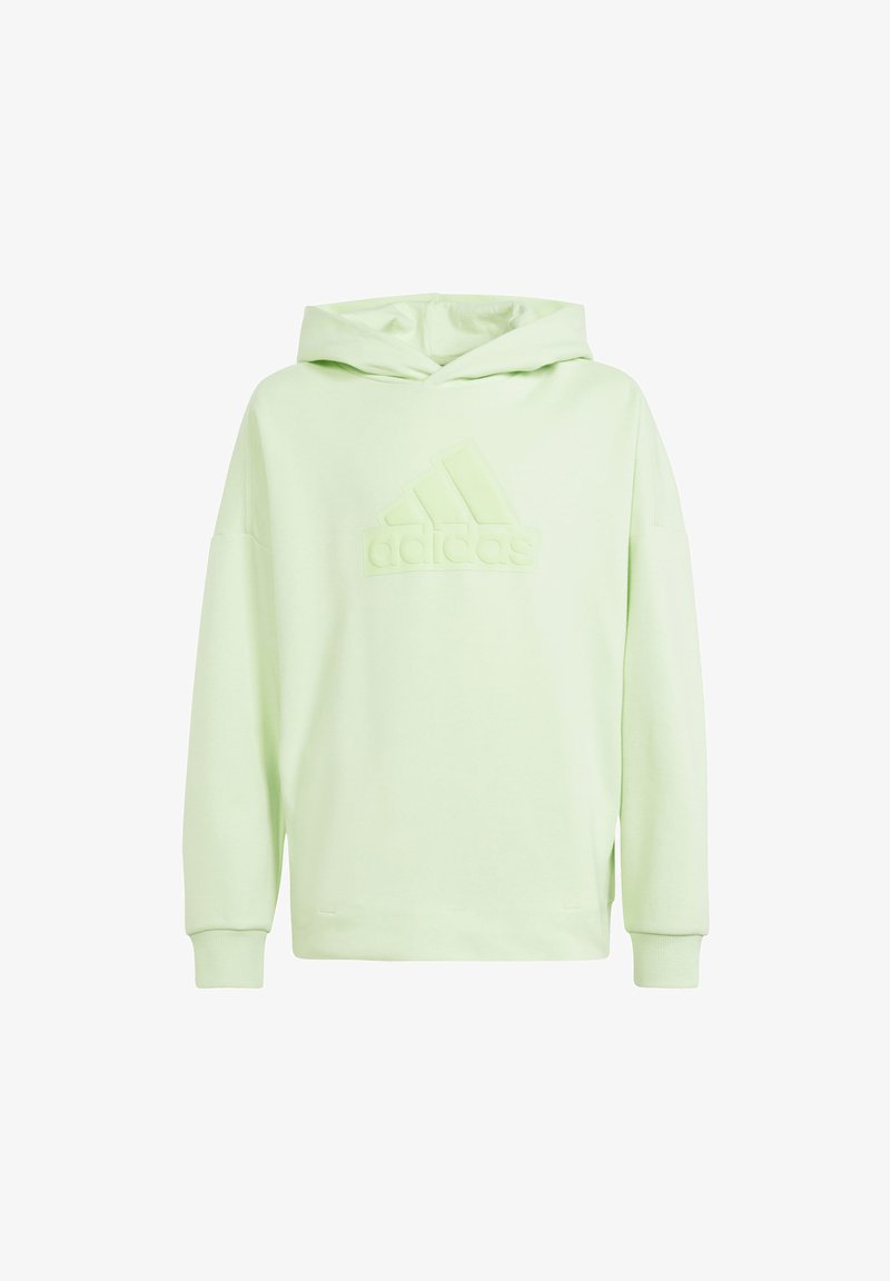 Felpa verde chiaro realizzata in tessuto morbido, con una vestibilità comoda, polsini a costine e un logo Adidas testurizzato sulla parte anteriore.