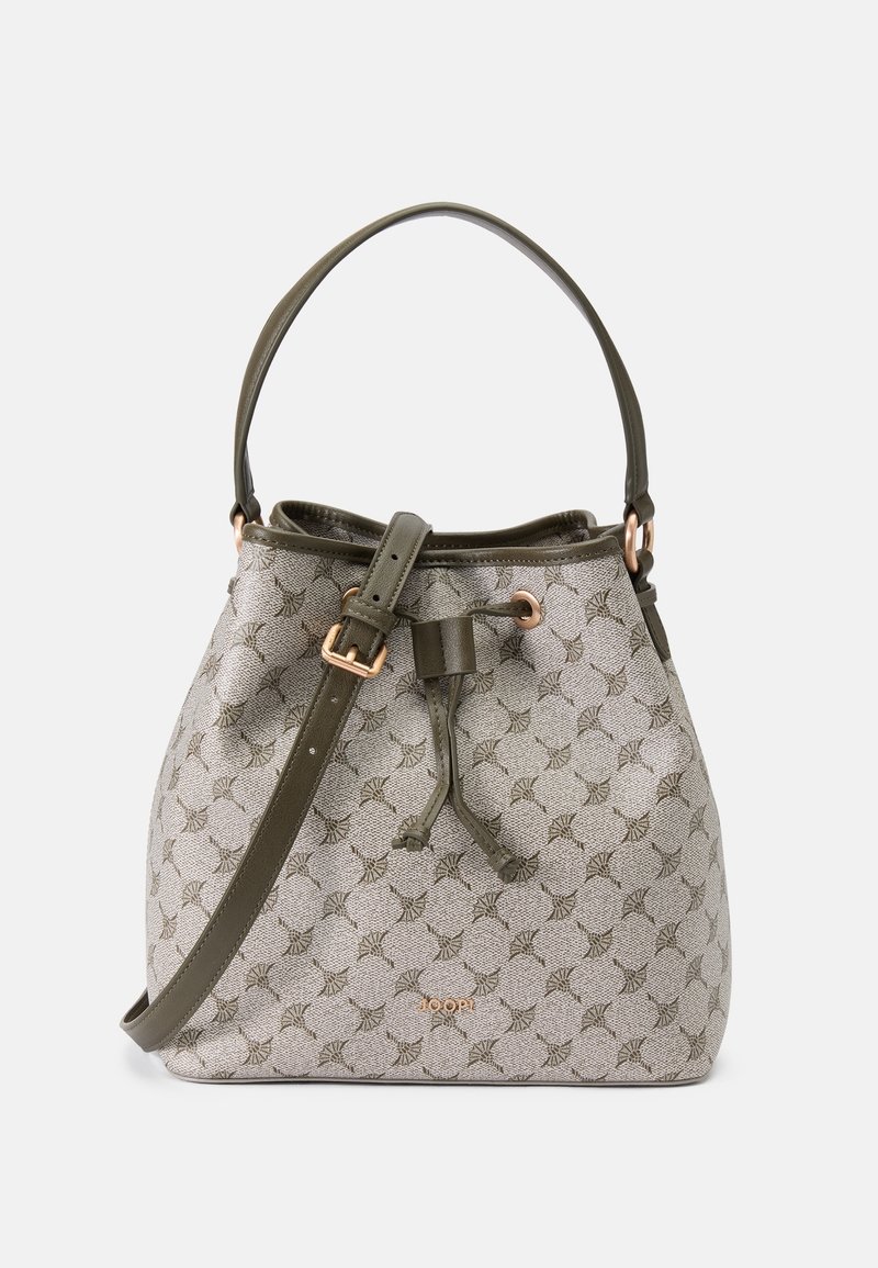 Sac seau beige et olive avec fermeture à cordon, bandoulière réglable, petit motif répétitif et logo doré "JOOP!" sur le devant.