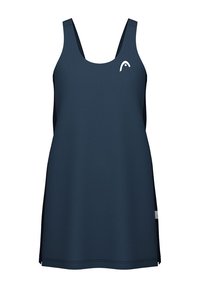 Abito sportivo blu navy con scollatura a barca, spalline a corsetto e spacchi laterali. Presenta un piccolo logo bianco sul petto.