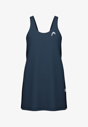 Abito sportivo blu navy con scollatura a barca, spalline a corsetto e spacchi laterali. Presenta un piccolo logo bianco sul petto.