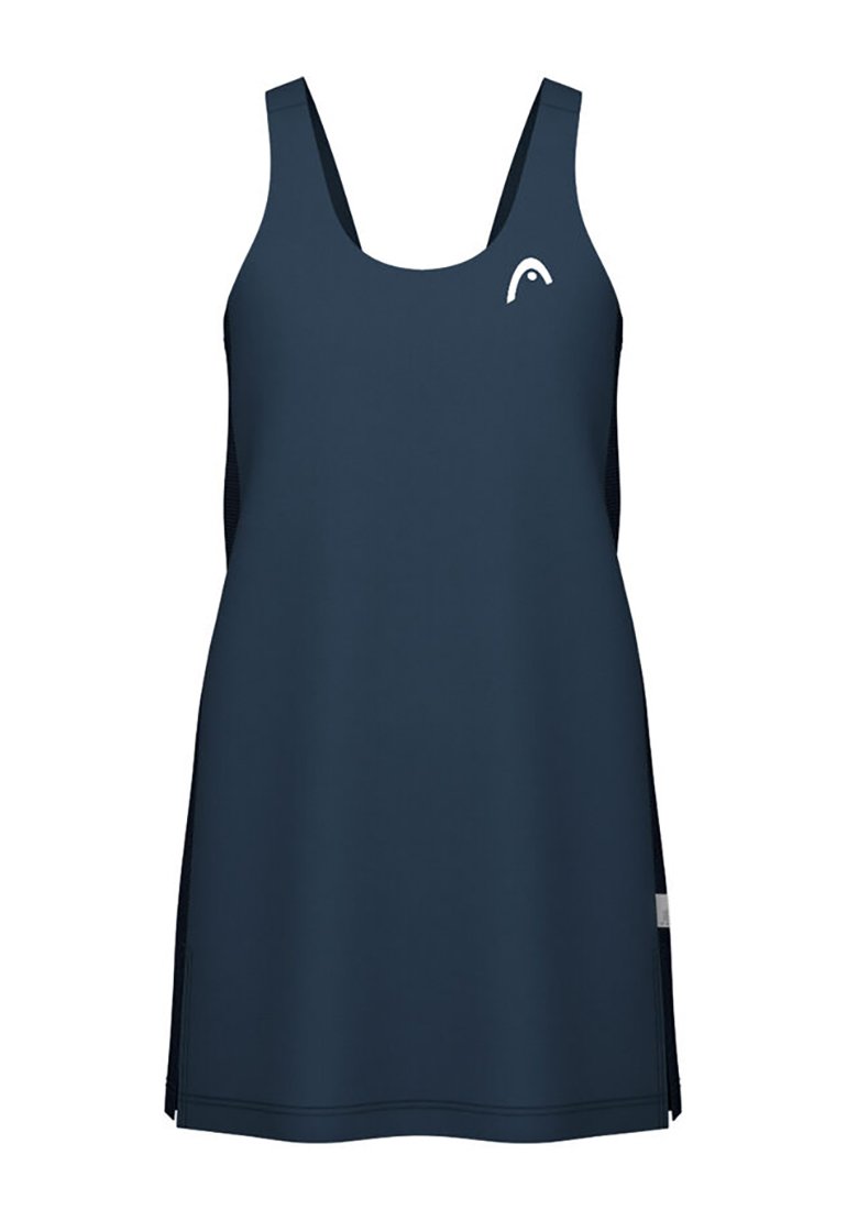 Abito sportivo blu navy con scollatura a barca, spalline a corsetto e spacchi laterali. Presenta un piccolo logo bianco sul petto.